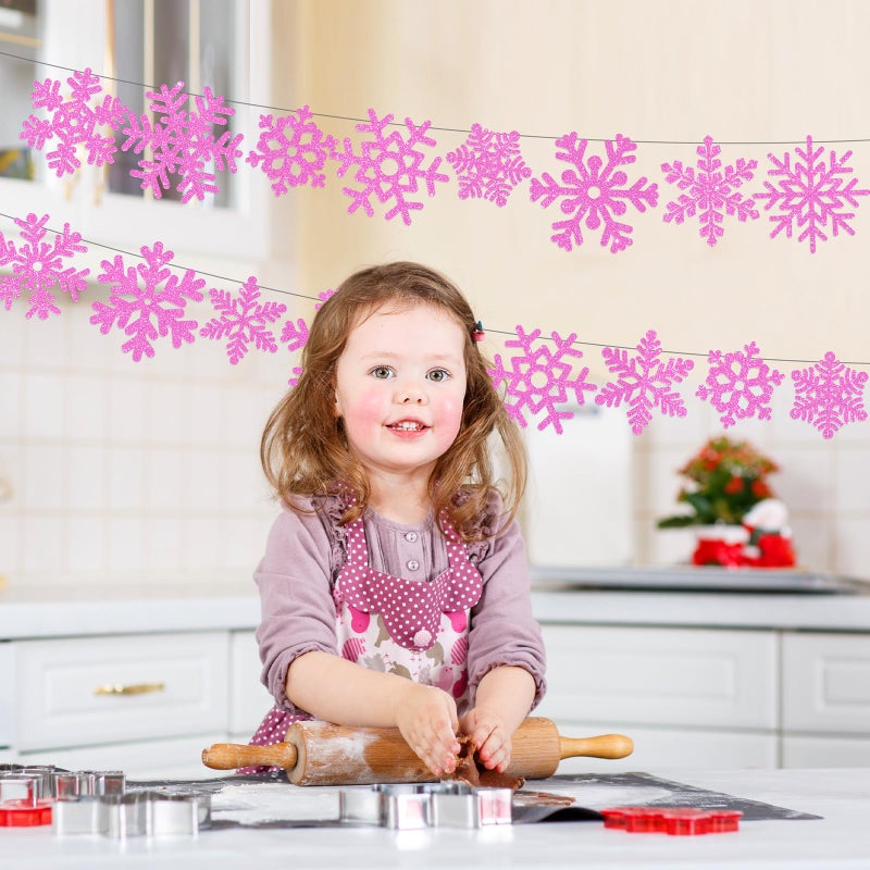 Whaline 48Pcs Christmas Paper Cut-Outs Double-Sided Glitter Pink Snowflake Cutouts with Glue Point for Xmas Winter Wonderland Frozen Party Home Decoration - Image 4